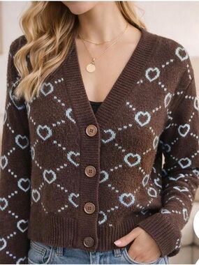 V-Neck Brown Heart Pattern Button Cardigan Sweater. Size S